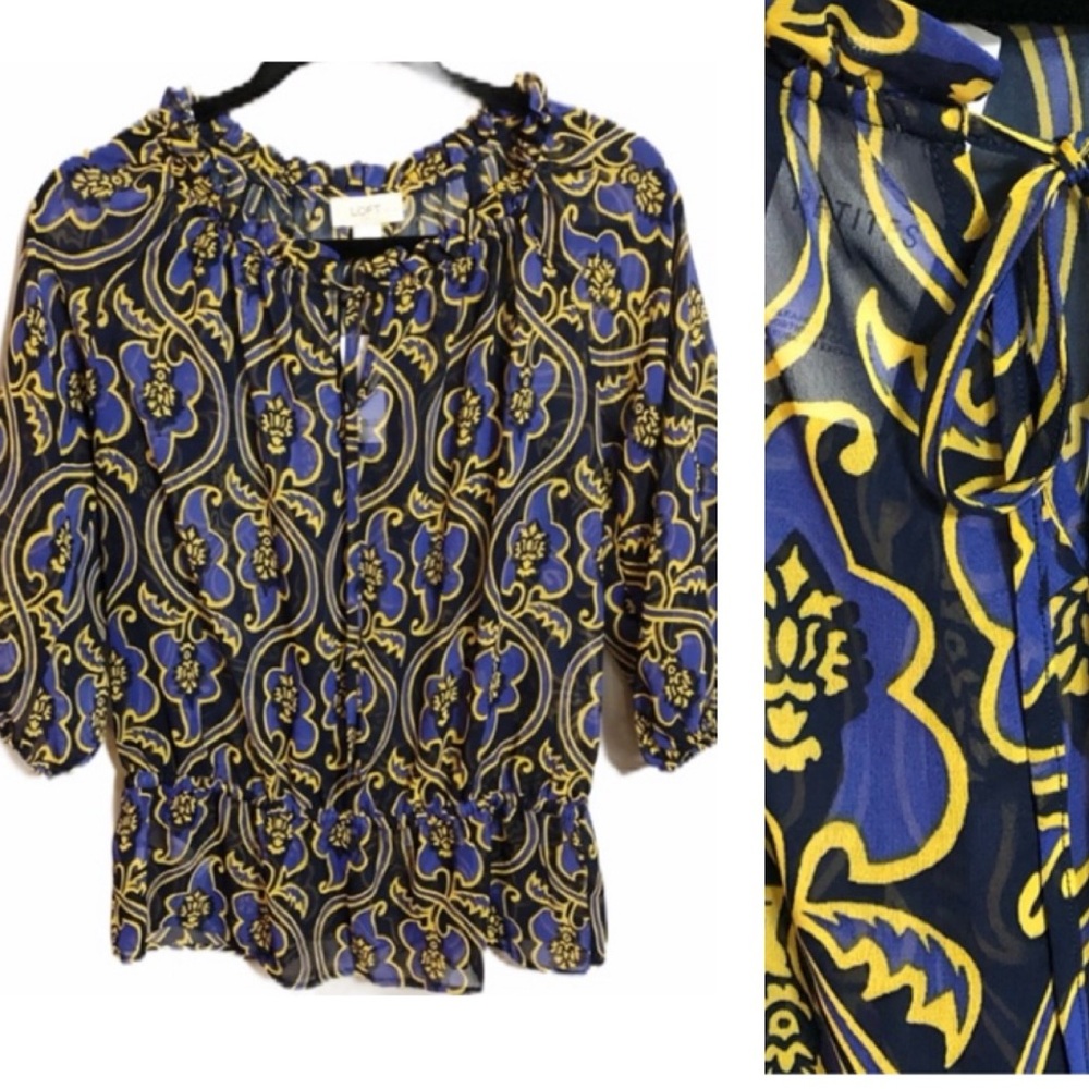Ann Taylor LOFT Petites Purple and Yellow Semi Sheer Peasant Blouse